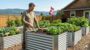 A DIY metal raised garden bed kit being assembled, perfect for a quick start to the short Canadian growing season.