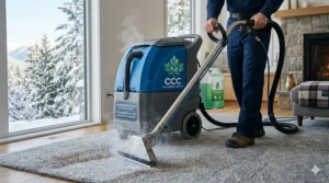 Illustration of a green-certified carpet cleaning machine featuring a maple leaf logo to signify Canadian eco-standards.