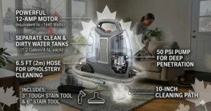 A green-themed illustration showing a steam cleaner for upholstery and carpets as a chemical-free solution for eco-conscious Canadian families.