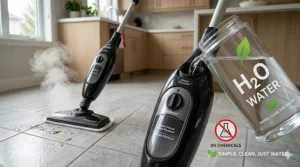 Graphic highlighting the use of only tap water to clean tiles, supporting a green, sustainable Canadian lifestyle.