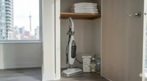 Detailed view of a steam mop power light indicating it is ready to clean in under 30 seconds.
