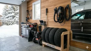 Alt text for image 7: A wall-mounted car vacuum for winter storage in a tidy Canadian garage next to winter tires.