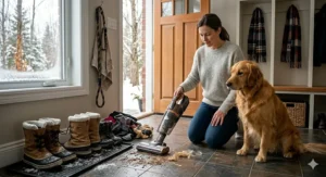 A woman using a handheld vacuum for pet hair to clean a mudroom entryway near winter boots and dried salt on a tiled floor in Canada.
