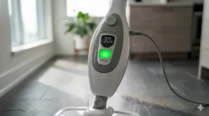 Using the detachable unit of a budget steam mop under 100 to clean grout lines in a modern bathroom.