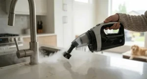 Using the handheld attachment of a 2-in-1 steam cleaner to sanitize kitchen countertops and backsplashes without harsh chemicals.