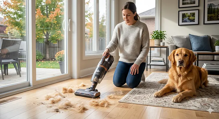 A powerful handheld vacuum for pet hair removing stubborn golden retriever fur from a hardwood floor in a bright, modern Canadian living room with natural light.