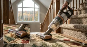 Close-up of a handheld vacuum for pet hair using a motorized brush attachment to lift fur from high-pile carpeted stairs in a suburban home.