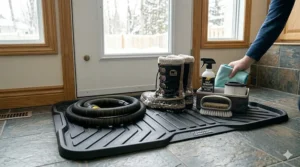 A heavy-duty rubberized winter floor mat placed over a carpet to prevent future salt stains during a Canadian winter.
