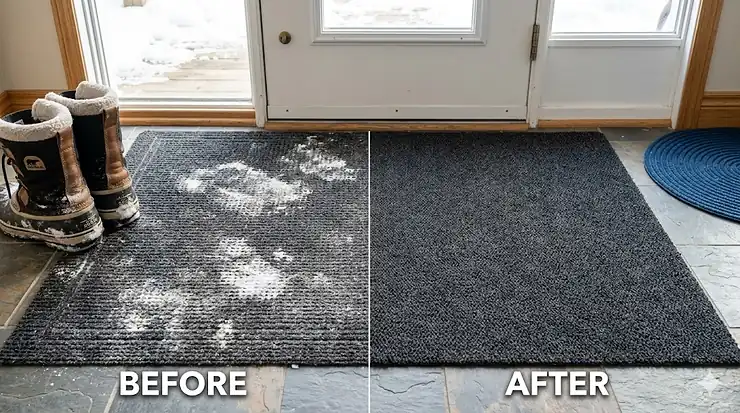 A split-screen comparison showing heavy white road salt stains on a grey entryway carpet versus a clean, restored carpet in a Canadian home. how to clean salt stains from carpet permanently