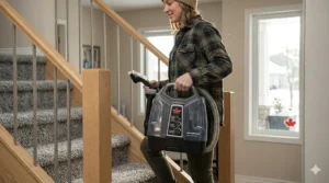A person easily carrying a lightweight portable carpet cleaner for stairs, highlighting its ergonomic design for multi-level Canadian homes.