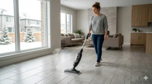 A person easily maneuvering a lightweight steam mop across a large open-concept tiled living area.