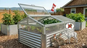 Cross-section illustration of a metal raised garden bed showing optimal drainage and soil layers for cold-climate gardening.