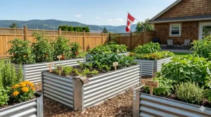 Metal raised garden beds with a protective mesh cover to keep out Canadian wildlife like rabbits and squirrels.