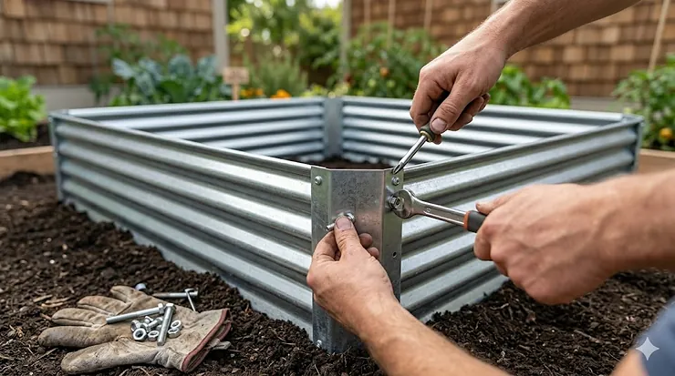 A set of durable metal raised garden beds filled with organic vegetables in a sunny Canadian backyard during the spring planting season. electric pressure washer