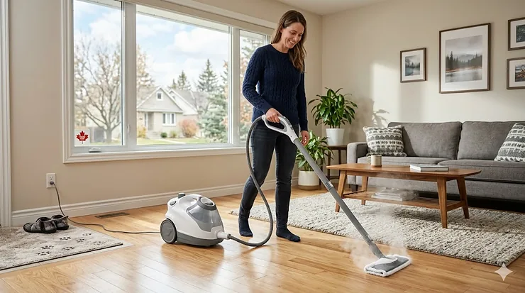 A modern multi-purpose steam cleaner being used on a light oak hardwood floor in a bright Canadian living room.