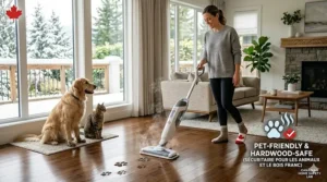 A pet-friendly steam mop cleaning paw prints off dark oak floors in a cozy Canadian home environment.