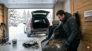 Alt text for image 9: Using a car vacuum for winter to clean dog hair and outdoor debris after a hike in the Canadian snow.