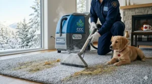 A family-friendly illustration of a carpet cleaning machine tackling pet dander and hair on a large area rug.