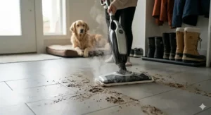 A 2-in-1 steam mop cleaning muddy paw prints in a Canadian entryway, emphasizing a pet-safe and non-toxic cleaning solution.