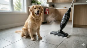A dog sitting on a freshly cleaned tile floor, illustrating chemical-free cleaning with a steam mop for tile and grout.