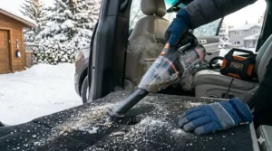 Alt text for image 5: A cordless, portable car vacuum being used to clean a car seat during a Canadian winter road trip.