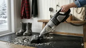 Portable wet dry handheld vacuum cleaning sand and water inside a lakeside cottage or cabin.