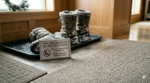 Helpful diagram showing a "boot tray" setup to prevent snow boot marks on carpeted areas.