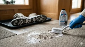 Illustration showing how to remove white road salt stains from carpets caused by winter boots.