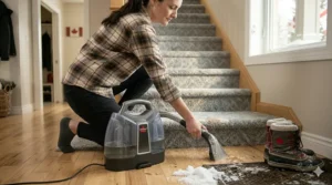 Illustration of a portable carpet cleaner for stairs lifting white road salt and slush stains from a high-traffic Canadian entryway.