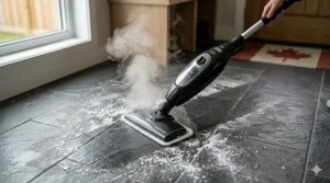 Illustration showing a steam mop effectively dissolving white winter salt residue on grey slate tiles.