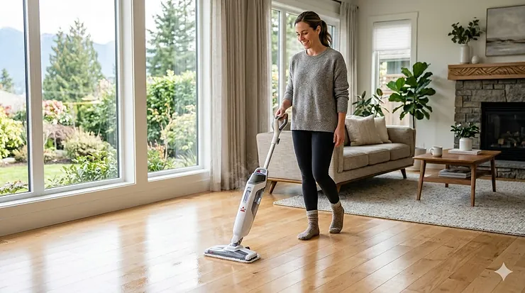 A modern Canadian living room with light maple hardwood floors being cleaned by a steam mop, showing safe moisture levels. steam mop for hardwood floors safe