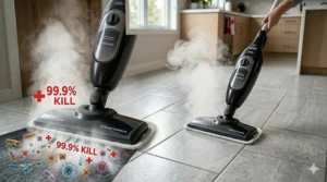 Illustration of 99.9% bacteria removal on bathroom tiles using a high-temperature steam mop without chemicals.