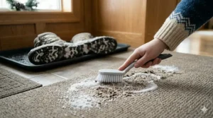Close-up illustration of the correct scrubbing technique to lift deep snow boot dirt from carpet fibers.
