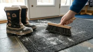 Using a soft-bristle brush to gently work a cleaning solution into carpet fibers to lift permanent salt stains without damaging the fabric.