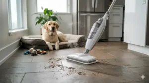 A compact budget steam mop stored neatly in a small laundry closet, ideal for urban Canadian apartments.