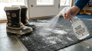 A person spraying a homemade cleaning solution onto white calcium chloride residue on a dark carpet to break down the salt.