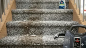 Before and after results of deep cleaning high-traffic stairs with a portable carpet cleaner, showing restored carpet texture.