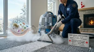 Illustration showing the deep-cleaning steam action of a carpet cleaning machine to eliminate indoor allergens during Canadian winters.