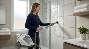 Close-up illustration of a multi-purpose steam cleaner refreshing bathroom grout and removing mildew in a humid environment.
