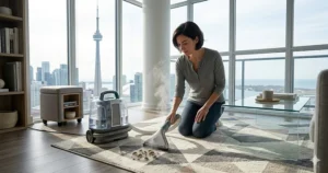 Illustration showing a steam cleaner for upholstery and carpets with a focus on English and French safety manuals for Canadian users.