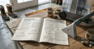 An infographic-style illustration highlighting the power and suction of a top-rated steam cleaner for upholstery and carpets.