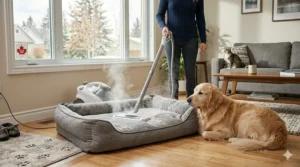 Illustration showing the deep-cleaning power of a multi-purpose steam cleaner on pet beds to remove allergens and odors.