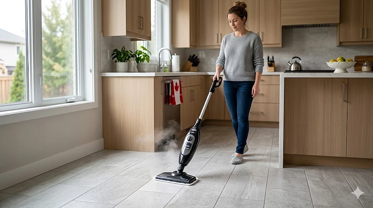 A high-end steam mop cleaning porcelain tile and grout lines in a modern Canadian kitchen with wooden cabinetry.