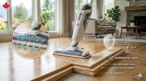 Technical diagram showing how a steam mop safely cleans hardwood surfaces without warping the wood fibers.