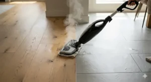 Illustration of a 2-in-1 steam mop cleaning sealed hardwood and ceramic tile floors, ideal for Canadian homes with mixed flooring.