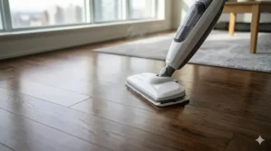 A budget-friendly steam mop safely sanitizing dark maple hardwood floors common in Canadian homes.