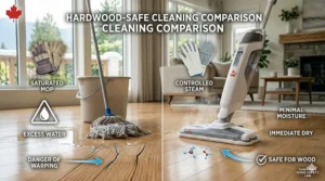 Comparison chart showing why a steam mop is safe for hardwood floors vs a soaking wet traditional mop.