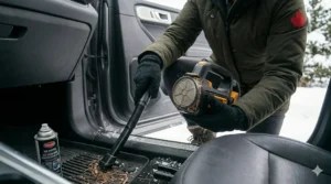 Illustration of the proper way to store a cordless car vacuum in a cold Canadian garage to protect battery health.