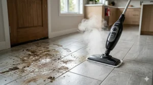 Before and after of a steam mop for tile and grout removing mud and salt stains from a mudroom floor.