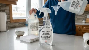 An illustration of a spray bottle containing a 1:1 vinegar and water mix, labeled in English and French as a permanent salt stain cleaner.